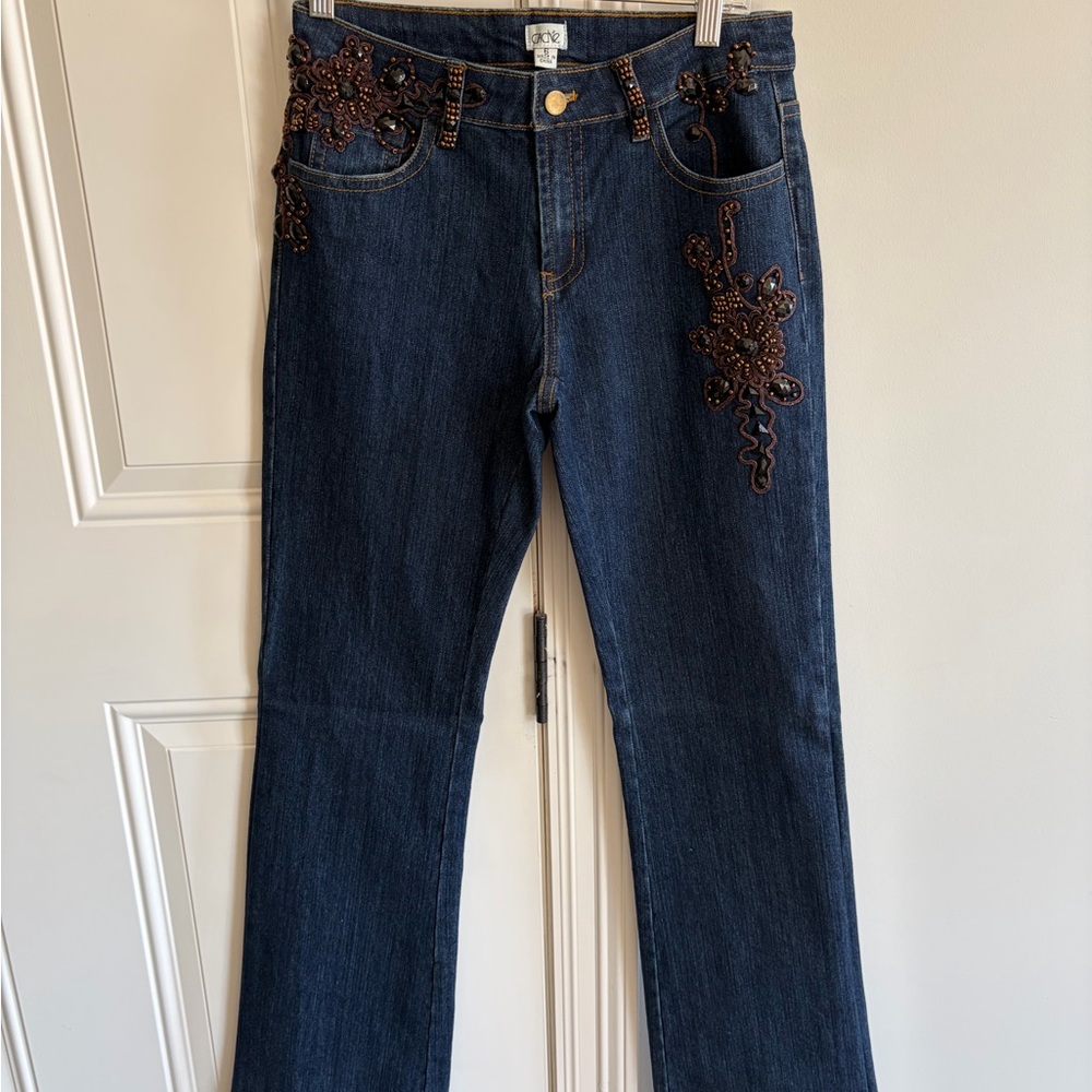 Cache Elegant Dark Blue Flare Leg Jeans with Brown Embroidery